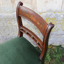 Load image into Gallery viewer, really-attractive-pair-late-georgian-chairs-retaining-original-painted-decoration-back-rest-square-swept-horizontal-cross-rails-ball-decoration-wider-top-rail-upholstered-seat-raised-turned-front-legs-square-swept-legs-rear-hand-painted-decoration-seat-pad-rebuilt-newly-re-upholstered-stive chairage-green-velvet-good-solid-condition-wonderful-english-circa-1800-damon-blandford-antiques-for-sale-seating-stroud-gloucestershire
