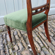 Load image into Gallery viewer, really-attractive-pair-late-georgian-chairs-retaining-original-painted-decoration-back-rest-square-swept-horizontal-cross-rails-ball-decoration-wider-top-rail-upholstered-seat-raised-turned-front-legs-square-swept-legs-rear-hand-painted-decoration-seat-pad-rebuilt-newly-re-upholstered-stive chairage-green-velvet-good-solid-condition-wonderful-english-circa-1800-damon-blandford-antiques-for-sale-seating-stroud-gloucestershire