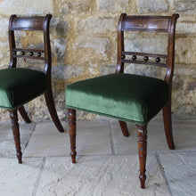 Load image into Gallery viewer, really-attractive-pair-late-georgian-chairs-retaining-original-painted-decoration-back-rest-square-swept-horizontal-cross-rails-ball-decoration-wider-top-rail-upholstered-seat-raised-turned-front-legs-square-swept-legs-rear-hand-painted-decoration-seat-pad-rebuilt-newly-re-upholstered-stive chairage-green-velvet-good-solid-condition-wonderful-english-circa-1800-damon-blandford-antiques-for-sale-seating-stroud-gloucestershire