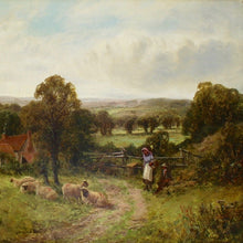 Load image into Gallery viewer, well-executed-landscape-painting-on-canvas-attributed-James-Peel-1811-1906-painting-depicts-sheep-foreground-seated-gentleman-lady-fence-line-hillside-farmhouse-smoke-fields-mid-ground-catching-sunlight-green-fields-purple-moorland-distance-gentle-north-country-scene-skilled-hand-colours-cleaned-signed-by-artist-lower-left-wall-art-damon-blandford-antiques-stroud-gloucestershire-for-sale