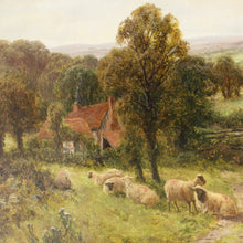 Load image into Gallery viewer, well-executed-landscape-painting-on-canvas-attributed-James-Peel-1811-1906-painting-depicts-sheep-foreground-seated-gentleman-lady-fence-line-hillside-farmhouse-smoke-fields-mid-ground-catching-sunlight-green-fields-purple-moorland-distance-gentle-north-country-scene-skilled-hand-colours-cleaned-signed-by-artist-lower-left-wall-art-damon-blandford-antiques-stroud-gloucestershire-for-sale