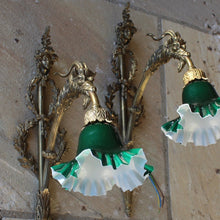Load image into Gallery viewer, fine-quality-pair-large-gilt-wall-lights-early-20th-century-wonderfully-decorated-laurel-wreaths-head-young-lady-flowing-hair-floral-fascinator-sconce-single-reeded-branch-large-goats-head-terminating-foliate-bulb-holder-highly-decorative-wall-lights-fine-pair-double-cased-glass-shades-period-white-opaline-glass-green-glass-damon-blandford-antiques-lighting-stroud-gloucestershire-cotswolds