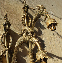 Load image into Gallery viewer, fine-quality-pair-large-gilt-wall-lights-early-20th-century-wonderfully-decorated-laurel-wreaths-head-young-lady-flowing-hair-floral-fascinator-sconce-single-reeded-branch-large-goats-head-terminating-foliate-bulb-holder-highly-decorative-wall-lights-fine-pair-double-cased-glass-shades-period-white-opaline-glass-green-glass-damon-blandford-antiques-lighting-stroud-gloucestershire-cotswolds