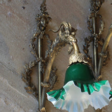 Load image into Gallery viewer, fine-quality-pair-large-gilt-wall-lights-early-20th-century-wonderfully-decorated-laurel-wreaths-head-young-lady-flowing-hair-floral-fascinator-sconce-single-reeded-branch-large-goats-head-terminating-foliate-bulb-holder-highly-decorative-wall-lights-fine-pair-double-cased-glass-shades-period-white-opaline-glass-green-glass-damon-blandford-antiques-lighting-stroud-gloucestershire-cotswolds