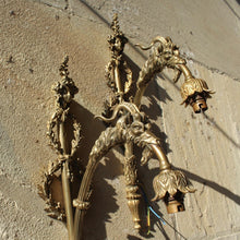 Load image into Gallery viewer, fine-quality-pair-large-gilt-wall-lights-early-20th-century-wonderfully-decorated-laurel-wreaths-head-young-lady-flowing-hair-floral-fascinator-sconce-single-reeded-branch-large-goats-head-terminating-foliate-bulb-holder-highly-decorative-wall-lights-fine-pair-double-cased-glass-shades-period-white-opaline-glass-green-glass-damon-blandford-antiques-lighting-stroud-gloucestershire-cotswolds
