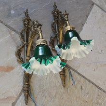 Load image into Gallery viewer, fine-quality-pair-large-gilt-wall-lights-early-20th-century-wonderfully-decorated-laurel-wreaths-head-young-lady-flowing-hair-floral-fascinator-sconce-single-reeded-branch-large-goats-head-terminating-foliate-bulb-holder-highly-decorative-wall-lights-fine-pair-double-cased-glass-shades-period-white-opaline-glass-green-glass-damon-blandford-antiques-lighting-stroud-gloucestershire-cotswolds