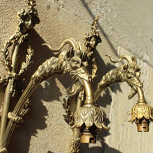 Load image into Gallery viewer, fine-quality-pair-large-gilt-wall-lights-early-20th-century-wonderfully-decorated-laurel-wreaths-head-young-lady-flowing-hair-floral-fascinator-sconce-single-reeded-branch-large-goats-head-terminating-foliate-bulb-holder-highly-decorative-wall-lights-fine-pair-double-cased-glass-shades-period-white-opaline-glass-green-glass-damon-blandford-antiques-lighting-stroud-gloucestershire-cotswolds