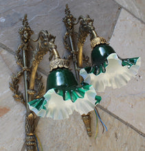 Load image into Gallery viewer, fine-quality-pair-large-gilt-wall-lights-early-20th-century-wonderfully-decorated-laurel-wreaths-head-young-lady-flowing-hair-floral-fascinator-sconce-single-reeded-branch-large-goats-head-terminating-foliate-bulb-holder-highly-decorative-wall-lights-fine-pair-double-cased-glass-shades-period-white-opaline-glass-green-glass-damon-blandford-antiques-lighting-stroud-gloucestershire-cotswolds