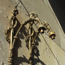 Load image into Gallery viewer, fine-quality-pair-large-gilt-wall-lights-early-20th-century-wonderfully-decorated-laurel-wreaths-head-young-lady-flowing-hair-floral-fascinator-sconce-single-reeded-branch-large-goats-head-terminating-foliate-bulb-holder-highly-decorative-wall-lights-fine-pair-double-cased-glass-shades-period-white-opaline-glass-green-glass-damon-blandford-antiques-lighting-stroud-gloucestershire-cotswolds