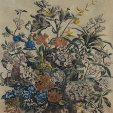 Load image into Gallery viewer, Original-williamsburg-restoration-hand-tinted-print-original-painting-peter-casteels-copper-engraving-by-henry-fletcher-works-commissioned by-robert-furber-market-gardener-kensington-series-paintings-twelve-months-of-flowers-urn-of-flowers-furber-nursery-seasonal-best-numbered-referenced-within-engraving-dated-1730-excellent-condition-colour-framed-good-quality-ebonised-parcel-gilt-frame-new-mount-board-wall-art-damon-blandford-antiques