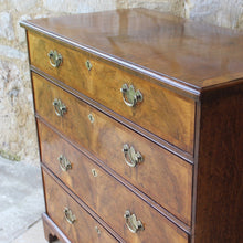 Load image into Gallery viewer, good-early-georgian-cross-banded-walnut-chest-four-graduated-drawers-moulded-veneered-top-four-long-graduated-drawers-highly-figured-book-matched-walnut-lined-in-oak-bracket-feet-really-attractive-honest-condition-excellent-proportions-useful-storage-enhance-aesthetic-appeal-for-sale-damon-blandford-antiques-stroud-gloucestershire-cotswolds-interior-design-early-english-furniture