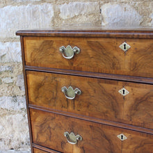 Load image into Gallery viewer, good-early-georgian-cross-banded-walnut-chest-four-graduated-drawers-moulded-veneered-top-four-long-graduated-drawers-highly-figured-book-matched-walnut-lined-in-oak-bracket-feet-really-attractive-honest-condition-excellent-proportions-useful-storage-enhance-aesthetic-appeal-for-sale-damon-blandford-antiques-stroud-gloucestershire-cotswolds-interior-design-early-english-furniture