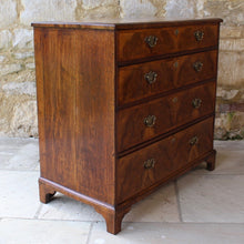 Load image into Gallery viewer, good-early-georgian-cross-banded-walnut-chest-four-graduated-drawers-moulded-veneered-top-four-long-graduated-drawers-highly-figured-book-matched-walnut-lined-in-oak-bracket-feet-really-attractive-honest-condition-excellent-proportions-useful-storage-enhance-aesthetic-appeal-for-sale-damon-blandford-antiques-stroud-gloucestershire-cotswolds-interior-design-early-english-furniture