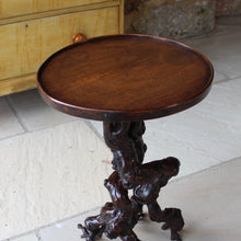 Load image into Gallery viewer, absolutely-wonderful-grapevine-root-table-late-18th-early-19th-century-gnarly-grapevine-roots-branch-out-feet-like-structures-stable-pedestal-base-supporting-circular-table-top-single-plank-hard-wood-possibly-ash-applied-lipped-edge-rose-head-nails-charming-character-excellent-condition-genuinely-unique-talking-point-patina-for-sale-damon-blandford-antiques-stroud-gloucestershire