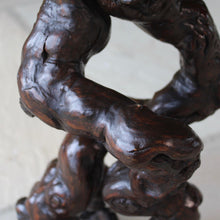 Load image into Gallery viewer, absolutely-wonderful-grapevine-root-table-late-18th-early-19th-century-gnarly-grapevine-roots-branch-out-feet-like-structures-stable-pedestal-base-supporting-circular-table-top-single-plank-hard-wood-possibly-ash-applied-lipped-edge-rose-head-nails-charming-character-excellent-condition-genuinely-unique-talking-point-patina-for-sale-damon-blandford-antiques-stroud-gloucestershire