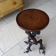 Load image into Gallery viewer, absolutely-wonderful-grapevine-root-table-late-18th-early-19th-century-gnarly-grapevine-roots-branch-out-feet-like-structures-stable-pedestal-base-supporting-circular-table-top-single-plank-hard-wood-possibly-ash-applied-lipped-edge-rose-head-nails-charming-character-excellent-condition-genuinely-unique-talking-point-patina-for-sale-damon-blandford-antiques-stroud-gloucestershire