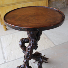 Load image into Gallery viewer, absolutely-wonderful-grapevine-root-table-late-18th-early-19th-century-gnarly-grapevine-roots-branch-out-feet-like-structures-stable-pedestal-base-supporting-circular-table-top-single-plank-hard-wood-possibly-ash-applied-lipped-edge-rose-head-nails-charming-character-excellent-condition-genuinely-unique-talking-point-patina-for-sale-damon-blandford-antiques-stroud-gloucestershire