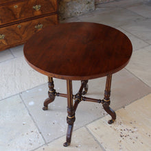 Load image into Gallery viewer, period-aesthetic-movement-side-table-excellent-quality-circular-hardwood-top-four-tapering-ring-turned-fluted-parcel-gilt-legs-cross-stretcher-out-swept-feet-terminating-in-brass-ceramic-castors-applied-carved-gilt-decorative-applique-really-attractive-useful-occasional-table-sofa-side-table-drinks-table-lamp-table-for-sale-damon-blandford-antiques-stroud-gloucestershire