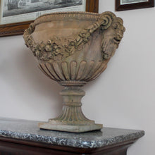Load image into Gallery viewer, good-quality-pair-of-late-20th-century-terracotta-garden-urns-classical-reeded-cup-goblet-shape-bowl-pedestal-bases-beautifully-detailed-satyr-masks-united-fruit-foliage-swags-excellent-nicely-weathered-highly-decorative-urns-magnificent-garden-indoors-for-sale-damon-blandford-antiques-stow-on-the-wold-stroud-gloucestershire-cotswolds