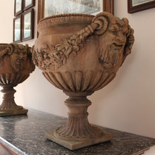 Load image into Gallery viewer, good-quality-pair-of-late-20th-century-terracotta-garden-urns-classical-reeded-cup-goblet-shape-bowl-pedestal-bases-beautifully-detailed-satyr-masks-united-fruit-foliage-swags-excellent-nicely-weathered-highly-decorative-urns-magnificent-garden-indoors-for-sale-damon-blandford-antiques-stow-on-the-wold-stroud-gloucestershire-cotswolds