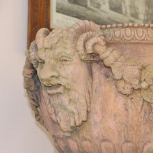 Load image into Gallery viewer, good-quality-pair-of-late-20th-century-terracotta-garden-urns-classical-reeded-cup-goblet-shape-bowl-pedestal-bases-beautifully-detailed-satyr-masks-united-fruit-foliage-swags-excellent-nicely-weathered-highly-decorative-urns-magnificent-garden-indoors-for-sale-damon-blandford-antiques-stow-on-the-wold-stroud-gloucestershire-cotswolds