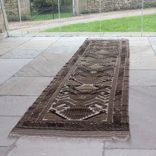Load image into Gallery viewer, fine-quality-camel-wool-runner-geometric-design-shades-beige-brown-carpet-constructed-using-three-technics-plain-flat-weave-thicker-more-decorative-soumak-weave-deeper-pile-hand-knotted-camel-wool-finer-technically-complex-incredibly-soft-very-attractive-carpet-runner-luxury-durable-turkey-circa-1960s-for-sale-damon-blandford-antiques-stroud-stow-on-the-wold-cotswolds-gloucestershire-carpets-kilims-vintage-interior-design