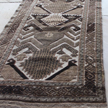 Load image into Gallery viewer, fine-quality-camel-wool-runner-geometric-design-shades-beige-brown-carpet-constructed-using-three-technics-plain-flat-weave-thicker-more-decorative-soumak-weave-deeper-pile-hand-knotted-camel-wool-finer-technically-complex-incredibly-soft-very-attractive-carpet-runner-luxury-durable-turkey-circa-1960s-for-sale-damon-blandford-antiques-stroud-stow-on-the-wold-cotswolds-gloucestershire-carpets-kilims-vintage-interior-design