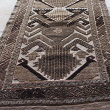 Load image into Gallery viewer, fine-quality-camel-wool-runner-geometric-design-shades-beige-brown-carpet-constructed-using-three-technics-plain-flat-weave-thicker-more-decorative-soumak-weave-deeper-pile-hand-knotted-camel-wool-finer-technically-complex-incredibly-soft-very-attractive-carpet-runner-luxury-durable-turkey-circa-1960s-for-sale-damon-blandford-antiques-stroud-stow-on-the-wold-cotswolds-gloucestershire-carpets-kilims-vintage-interior-design