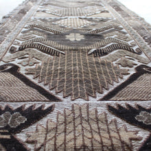 Load image into Gallery viewer, fine-quality-camel-wool-runner-geometric-design-shades-beige-brown-carpet-constructed-using-three-technics-plain-flat-weave-thicker-more-decorative-soumak-weave-deeper-pile-hand-knotted-camel-wool-finer-technically-complex-incredibly-soft-very-attractive-carpet-runner-luxury-durable-turkey-circa-1960s-for-sale-damon-blandford-antiques-stroud-stow-on-the-wold-cotswolds-gloucestershire-carpets-kilims-vintage-interior-design