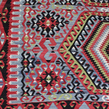 Load image into Gallery viewer, really-attractive-hand-woven-kilim-featuring-five-central-rectangular-chest-motifs-geometric-design-concentric-layers-red-green-black-white-colours-grey-ground-stylised-lozenges-central-area-field-kilim-rams-horns-symbol-power-repeated-boarder-good-quality-kilim-carpet-made-from-hand-spun-wool-yarn-natural-dyes-turkey-circa-1950s--for-sale-stroud-stow-on-the-wold-cotswolds-gloucestershire-interior-design-quality