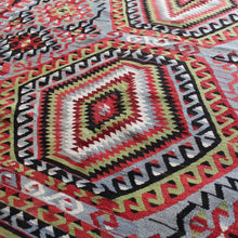 Load image into Gallery viewer, really-attractive-hand-woven-kilim-featuring-five-central-rectangular-chest-motifs-geometric-design-concentric-layers-red-green-black-white-colours-grey-ground-stylised-lozenges-central-area-field-kilim-rams-horns-symbol-power-repeated-boarder-good-quality-kilim-carpet-made-from-hand-spun-wool-yarn-natural-dyes-turkey-circa-1950s--for-sale-stroud-stow-on-the-wold-cotswolds-gloucestershire-interior-design-quality