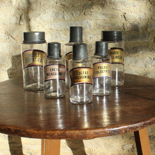 Load image into Gallery viewer, wonderful-set-six-hand-blown-french-apothecary-jars-original-zinc-tops-excellent-condition-matching-gilt-labels-applied-inside-jars-black-lettering-gilt-ground-black-red-edging-faded-to-pink-decorative-france-late-1800's-for-sale-damon-blandford-antiques-stroud-gloucestershire