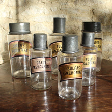 Load image into Gallery viewer, wonderful-set-six-hand-blown-french-apothecary-jars-original-zinc-tops-excellent-condition-matching-gilt-labels-applied-inside-jars-black-lettering-gilt-ground-black-red-edging-faded-to-pink-decorative-france-late-1800's-for-sale-damon-blandford-antiques-stroud-gloucestershire