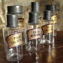 Load image into Gallery viewer, wonderful-set-six-hand-blown-french-apothecary-jars-original-zinc-tops-excellent-condition-matching-gilt-labels-applied-inside-jars-black-lettering-gilt-ground-black-red-edging-faded-to-pink-decorative-france-late-1800's-for-sale-damon-blandford-antiques-stroud-gloucestershire
