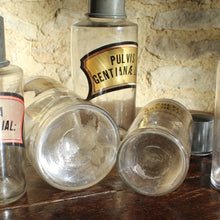 Load image into Gallery viewer, wonderful-set-six-hand-blown-french-apothecary-jars-original-zinc-tops-excellent-condition-matching-gilt-labels-applied-inside-jars-black-lettering-gilt-ground-black-red-edging-faded-to-pink-decorative-france-late-1800's-for-sale-damon-blandford-antiques-stroud-gloucestershire