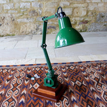 Load image into Gallery viewer, lamp-work-bench-task-lighting-factory-lamp-exceptionally-good-condition-marks-scratches-arm-green-enamel-shade-near-perfect-lamp-re-wired-mounded-two-step-cherry-wood-plinth-domestic-setting-classic-piece-british-industrial-design-2nd-quarter-20th-century-damon-blandford-antiques-lighting-for-sale-stroud-gloucestershire-cotswolds-industrial