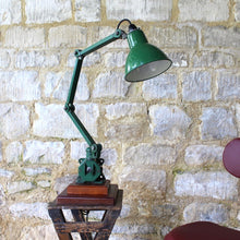 Load image into Gallery viewer, lamp-work-bench-task-lighting-factory-lamp-exceptionally-good-condition-marks-scratches-arm-green-enamel-shade-near-perfect-lamp-re-wired-mounded-two-step-cherry-wood-plinth-domestic-setting-classic-piece-british-industrial-design-2nd-quarter-20th-century-damon-blandford-antiques-lighting-for-sale-stroud-gloucestershire-cotswolds-industrial