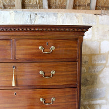 Load image into Gallery viewer, George-III-mahogany-chest-on-chest-C1790-two-short-six-long-graduated-drawers-lined-oak-swan-neck-brass-handles-escutcheons-bracked-feet-damon-blandford-antiques-stroud-cotswolds-gloucestershire-for-sale-storage-cornice-restored-excellent-condition-working-key