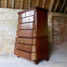 Load image into Gallery viewer, George-III-mahogany-chest-on-chest-C1790-two-short-six-long-graduated-drawers-lined-oak-swan-neck-brass-handles-escutcheons-bracked-feet-damon-blandford-antiques-stroud-cotswolds-gloucestershire-for-sale-storage-cornice-restored-excellent-condition