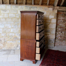 Load image into Gallery viewer, George-III-mahogany-chest-on-chest-C1790-two-short-six-long-graduated-drawers-lined-oak-swan-neck-brass-handles-escutcheons-bracked-feet-damon-blandford-antiques-stroud-cotswolds-gloucestershire-for-sale-storage-cornice-restored-excellent-condition