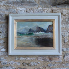 Load image into Gallery viewer, well-executed-oil-painting-board-aves-mid-ground-sand-foreground-backwash-breaking-waves-sunlight-stark-contrast-cloudy-sky-distant-coastline-rocky-outcrop-sea-atmospheric-painting-waves-movement-backwash-painting-signed-artist-name-address-labelverso-originally-bespoke-carefully-handmade-master-frame-maker-gilder-frame-finished-gesso-paint-gilding-process-colours-new-frame-original-painting-cornish-english-circa-1930-wall-art-damon-blandford-antiques-seascape-for-sale-ruan-minor-cornwall