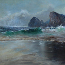 Load image into Gallery viewer, well-executed-oil-painting-board-aves-mid-ground-sand-foreground-backwash-breaking-waves-sunlight-stark-contrast-cloudy-sky-distant-coastline-rocky-outcrop-sea-atmospheric-painting-waves-movement-backwash-painting-signed-artist-name-address-labelverso-originally-bespoke-carefully-handmade-master-frame-maker-gilder-frame-finished-gesso-paint-gilding-process-colours-new-frame-original-painting-cornish-english-circa-1930-wall-art-damon-blandford-antiques-seascape-for-sale-ruan-minor-cornwall