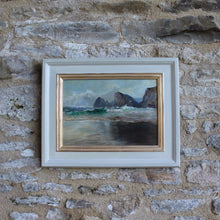 Load image into Gallery viewer, well-executed-oil-painting-board-aves-mid-ground-sand-foreground-backwash-breaking-waves-sunlight-stark-contrast-cloudy-sky-distant-coastline-rocky-outcrop-sea-atmospheric-painting-waves-movement-backwash-painting-signed-artist-name-address-labelverso-originally-bespoke-carefully-handmade-master-frame-maker-gilder-frame-finished-gesso-paint-gilding-process-colours-new-frame-original-painting-cornish-english-circa-1930-wall-art-damon-blandford-antiques-seascape-for-sale-ruan-minor-cornwall