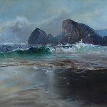 Load image into Gallery viewer, well-executed-oil-painting-board-aves-mid-ground-sand-foreground-backwash-breaking-waves-sunlight-stark-contrast-cloudy-sky-distant-coastline-rocky-outcrop-sea-atmospheric-painting-waves-movement-backwash-painting-signed-artist-name-address-labelverso-originally-bespoke-carefully-handmade-master-frame-maker-gilder-frame-finished-gesso-paint-gilding-process-colours-new-frame-original-painting-cornish-english-circa-1930-wall-art-damon-blandford-antiques-seascape-for-sale-ruan-minor-cornwall