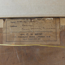 Load image into Gallery viewer, well-executed-oil-painting-board-aves-mid-ground-sand-foreground-backwash-breaking-waves-sunlight-stark-contrast-cloudy-sky-distant-coastline-rocky-outcrop-sea-atmospheric-painting-waves-movement-backwash-painting-signed-artist-name-address-labelverso-originally-bespoke-carefully-handmade-master-frame-maker-gilder-frame-finished-gesso-paint-gilding-process-colours-new-frame-original-painting-cornish-english-circa-1930-wall-art-damon-blandford-antiques-seascape-for-sale-ruan-minor-cornwall