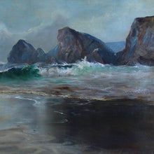 Load image into Gallery viewer, well-executed-oil-painting-board-aves-mid-ground-sand-foreground-backwash-breaking-waves-sunlight-stark-contrast-cloudy-sky-distant-coastline-rocky-outcrop-sea-atmospheric-painting-waves-movement-backwash-painting-signed-artist-name-address-labelverso-originally-bespoke-carefully-handmade-master-frame-maker-gilder-frame-finished-gesso-paint-gilding-process-colours-new-frame-original-painting-cornish-english-circa-1930-wall-art-damon-blandford-antiques-seascape-for-sale-ruan-minor-cornwall