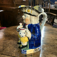 Load image into Gallery viewer, Yorkshire-prattware-pottery-Toby -jug-character-holding-pitcher-cup-cobalt-blue-coat-yellow-ochre-breeches-metallic-oxides-regional-kilns-caryatid-handle-spongeware-decoration-plinth-base-tricorn-hat-excellent-condition-Mexborough-for-sale-damon-blandford-antiques-stow-on-the-wold-cotswolds
