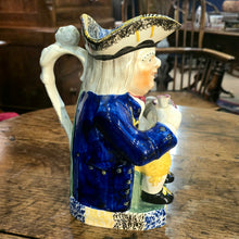 Load image into Gallery viewer, Yorkshire-prattware-pottery-Toby -jug-character-holding-pitcher-cup-cobalt-blue-coat-yellow-ochre-breeches-metallic-oxides-regional-kilns-caryatid-handle-spongeware-decoration-plinth-base-tricorn-hat-excellent-condition-Mexborough-for-sale-damon-blandford-antiques-stow-on-the-wold-cotswolds
