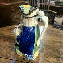 Load image into Gallery viewer, Yorkshire-prattware-pottery-Toby -jug-character-holding-pitcher-cup-cobalt-blue-coat-yellow-ochre-breeches-metallic-oxides-regional-kilns-caryatid-handle-spongeware-decoration-plinth-base-tricorn-hat-excellent-condition-Mexborough-for-sale-damon-blandford-antiques-stow-on-the-wold-cotswolds
