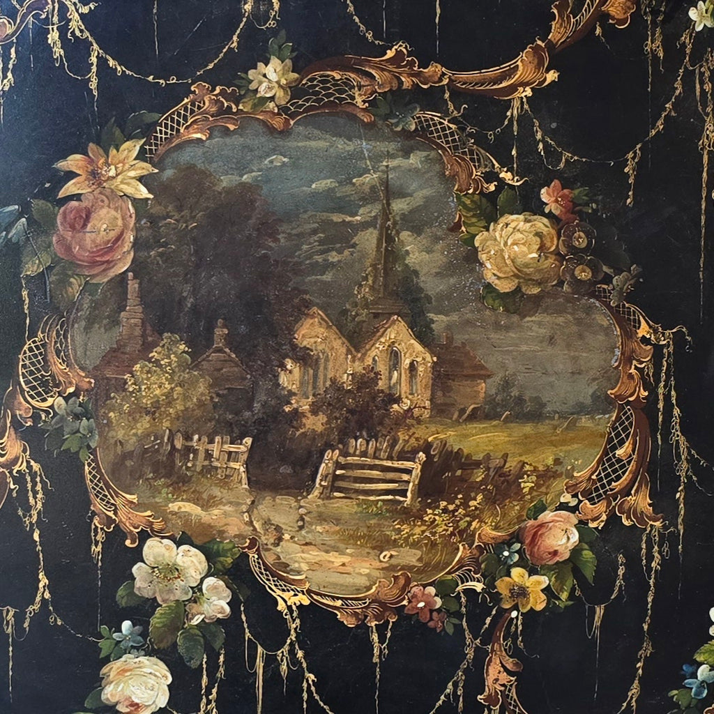 fine-quality-papier-mache-tray-impressed-makers-mark-b-walton-co-warranted-verso-scalloped-edge-gilt-decoration-black-gold-village-church-wolverhampton-style-lacquer-work-england-circa-1840s-for-sale-damon-blandford-antiques-scalloped-edge-rural-landscape-village-church-flowers-fine-trailing-gilt-swags-naturalistic-form-stark-contrast-black-ground-wolverhampton-style-japanning-lacquer-work-excellent-condition